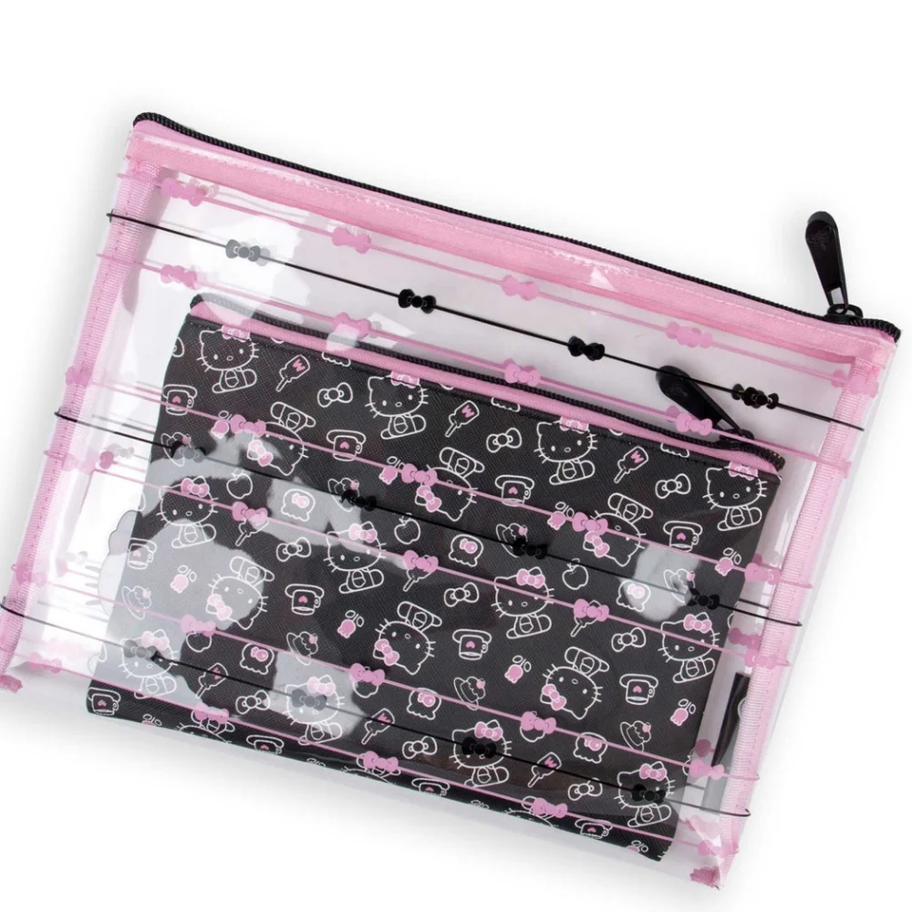 Hello Kitty Pink and Black Coquette Bow Print Cosmetic Bag SET